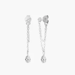 Capri Floating Diamond with Double Chain Stud Earrings - Silver