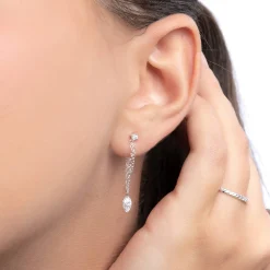 Capri Floating Diamond with Double Chain Stud Earrings - Silver