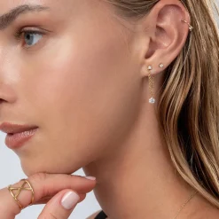 Capri Floating Diamond with Double Chain Stud Earrings - 14k Solid Gold