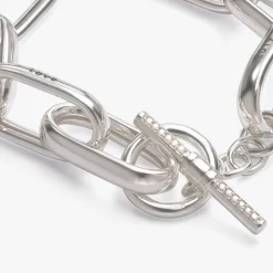 Engraved Chunky Paperclip Bracelet with Diamonds - Silver