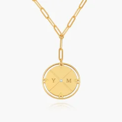 Engraved Compass Necklace with Diamond - Gold Vermeil