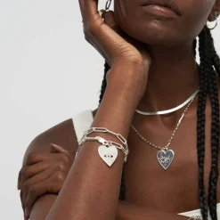 Engraved Evil Eye Heart Bracelet with Cubic Zirconia - Silver