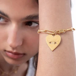 Engraved Evil Eye Heart Bracelet with Diamond - Gold Vermeil
