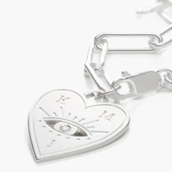 Engraved Evil Eye Heart Bracelet with Diamond - Silver