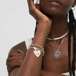 Engraved Evil Eye Heart Bracelet with Diamond - Silver