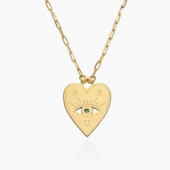 Engraved Evil Eye Heart Necklace with Cubic Zirconia - Gold Vermeil