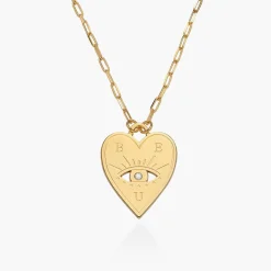 Engraved Evil Eye Heart Necklace with Diamond - Gold Vermeil
