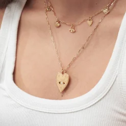 Engraved Evil Eye Heart Necklace with Diamond - Gold Vermeil