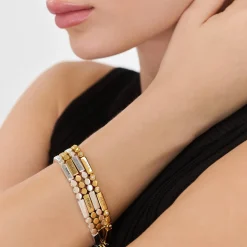 Engraved Mixed Dots Rectangle Bracelet with Diamonds- Silver