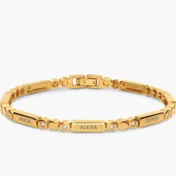 Engraved Mixed Dots Rectangle Bracelet with Diamonds- Gold Vermeil