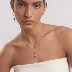 Engraved Northern Star Necklace with 0.3ct Green Emerald Gemstone - Gold Vermeil