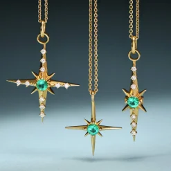 Engraved Northern Star Necklace with 0.3ct Green Emerald Gemstone - Gold Vermeil