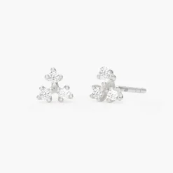 Flower Studs with Triple Cubic Zirconia Stones - Silver