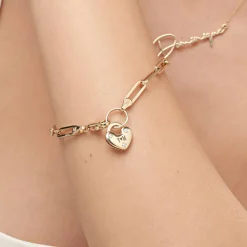 Heart Charm Lock Bracelet with Diamonds - 14k Solid Gold