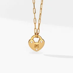 Heart Charm Lock Necklace with Diamonds - Gold Vermeil