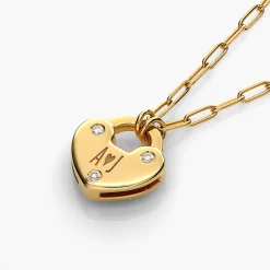 Heart Charm Lock Necklace with Diamonds - Gold Vermeil