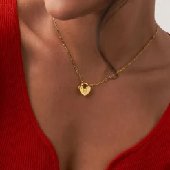 Heart Charm Lock Necklace with Diamonds - Gold Vermeil