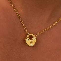 Heart Charm Lock Necklace with Diamonds - Gold Vermeil