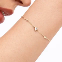 Inez Initial Bracelet/anklet With 0.2 Ct Heart Diamond Shape - 14k Solid Gold