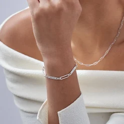 Ivy Name Paperclip Chain Bracelet with Diamonds - Silver