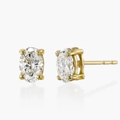 Oval Diamond Stud Earrings 2 CT - 14k Yellow Solid Gold