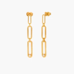 Paper Clip Drop Stud Earrings with Cubic Zirconia - Gold Vermeil