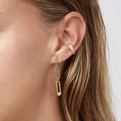 Paper Clip Drop Stud Earrings with Cubic Zirconia - Gold Vermeil
