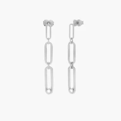 Paper Clip Drop Stud Earrings with Cubic Zirconia - Silver