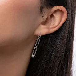 Paper Clip Drop Stud Earrings with Cubic Zirconia - Silver