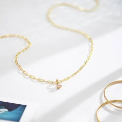 Petite Paperclip Necklace with Diamond - Gold Vermeil