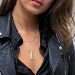 Pillar Bar Necklace with Diamond - Silver