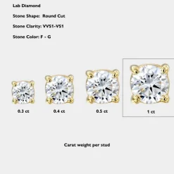 Round Diamond Stud Earrings 2 CT - 14k Yellow Solid Gold