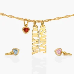 Singapore Chain Name Necklace With Heart Shaped Gemstone - 14k Solid Gold